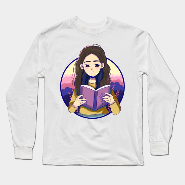 Cute girl hypnotized by book Long Sleeve T-Shirt by Mayarart